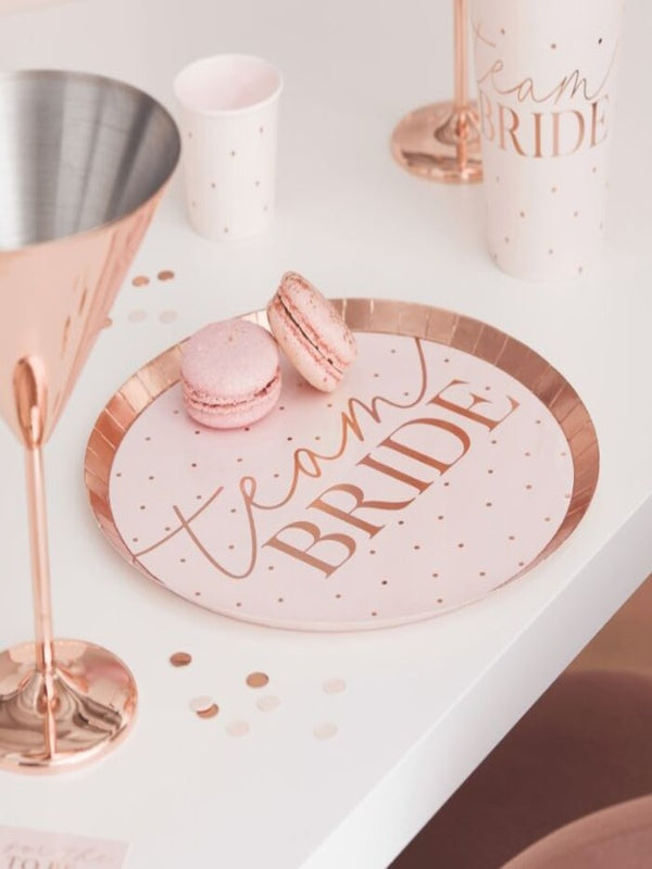 8 plates with Blush pink and Rose gold foiled team bride text 