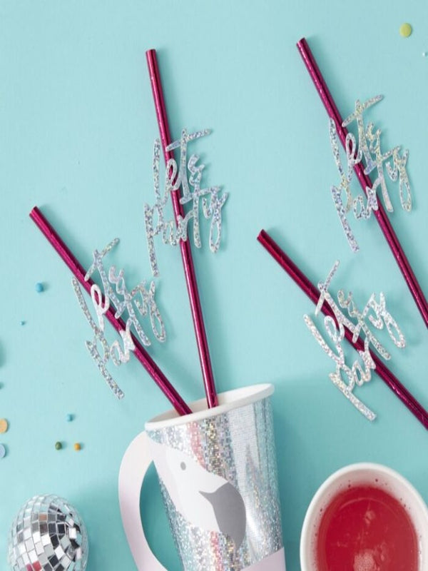 Hot Pink Foiled Lets Party Paper Straws - Good Vibes (16)