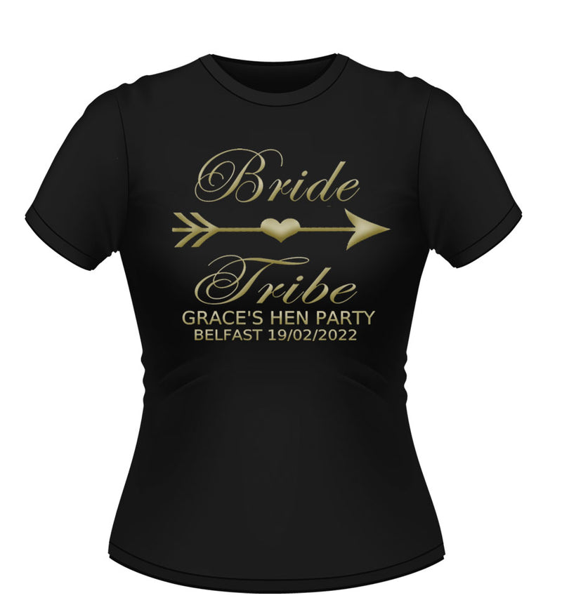 Personalised bride tribe design Black hen party tshirt with gold graphic and text
