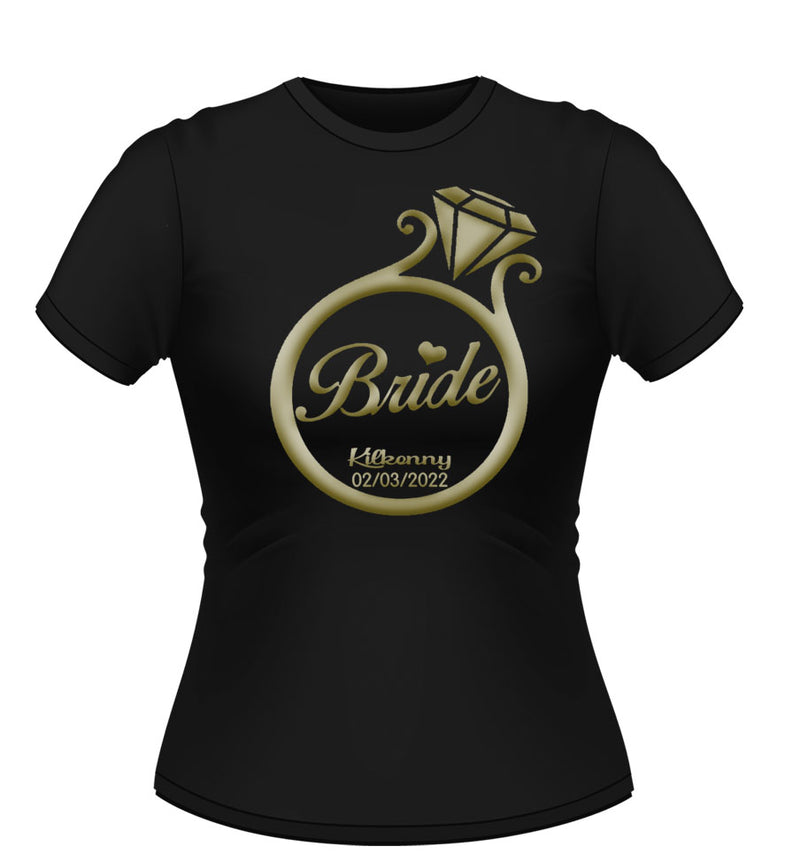 Black Personalised Tshirt logo ring design Bride printed centre in Metallic gold finish