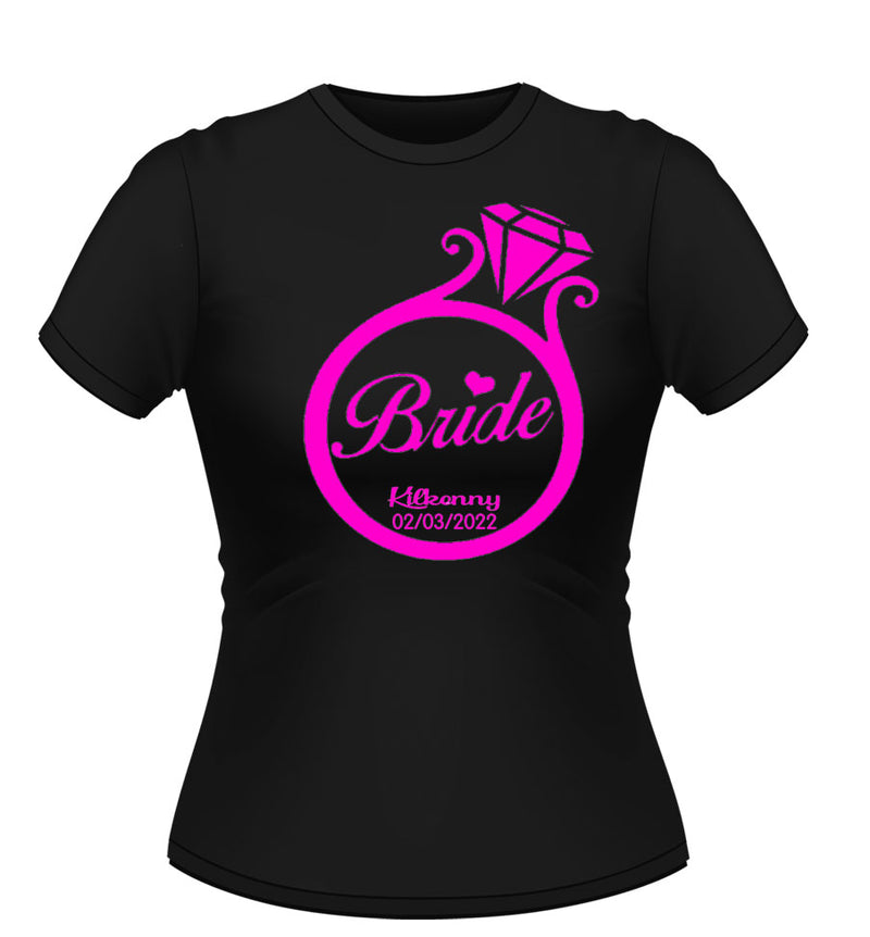 Black Personalised Tshirt logo ring design Bride printed centre in Pink finish