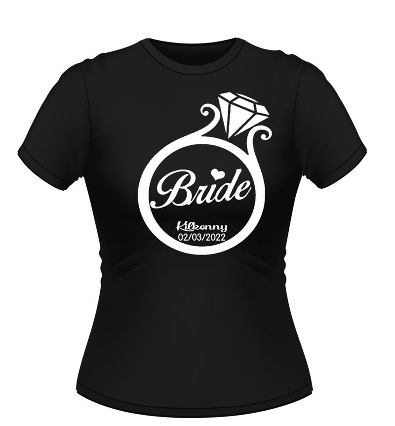 Black Personalised Tshirt logo ring design Bride printed centre in white finish