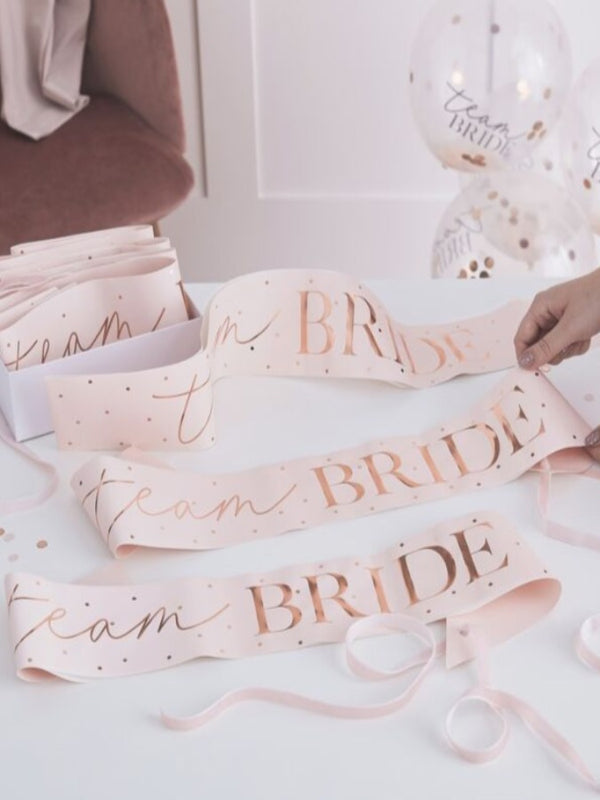 Pink and Rose Gold Team Bride Hen Party Sashes 6 Pack