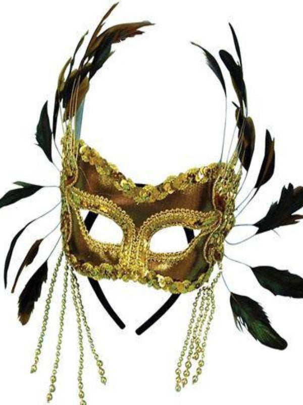 Gold Velvet And Feathers masquerade mask EM337