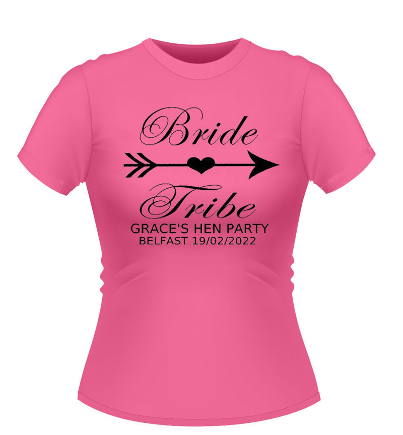 Personalised bride tribe design Pink hen party tshirt with black graphic and text