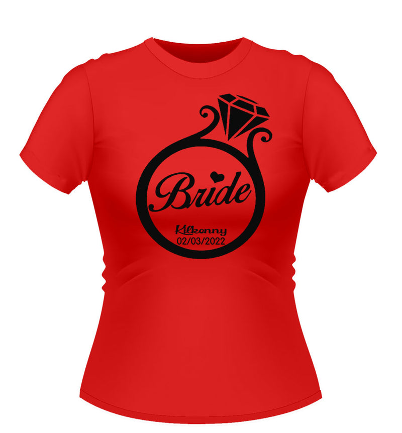 Red Personalised Tshirt logo ring design Bride printed centre in Black finish