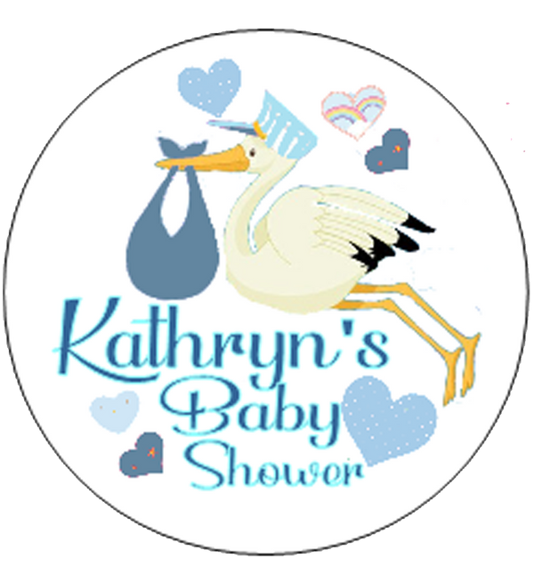 Baby Shower Personalised Badge Stork Design Blue