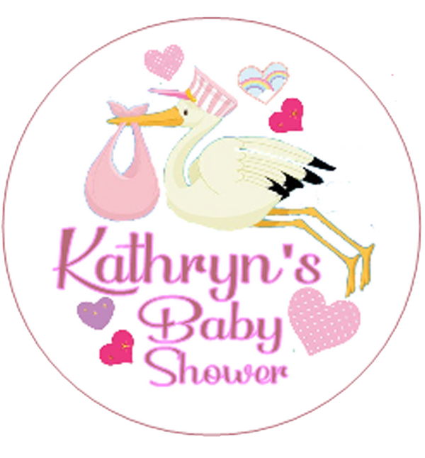 Baby shower Personalised Badge Stork Design Pink