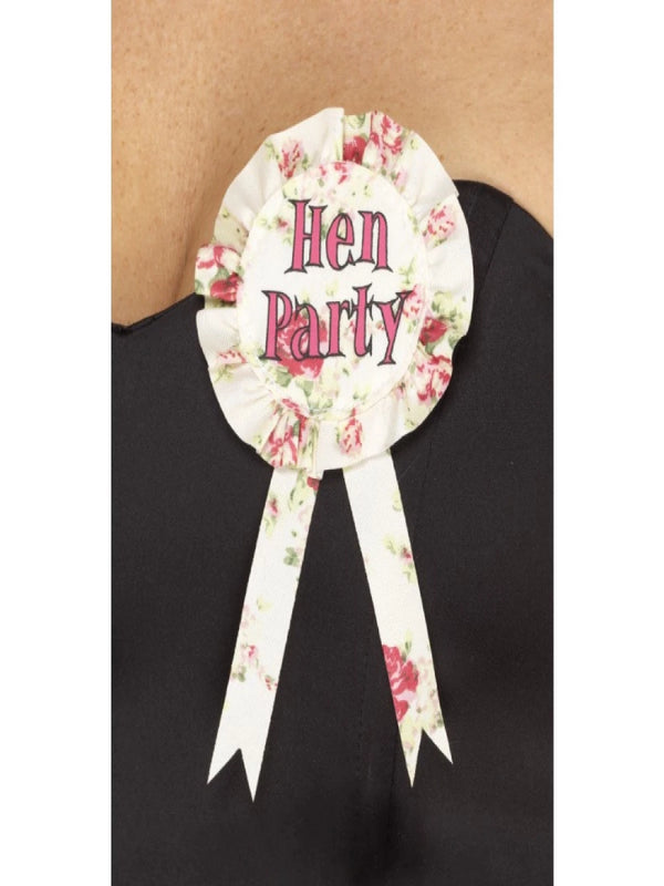 Rosette is Pink and White with a Vintage Floral Design. It has Pink 'Hen Party' Lettering 