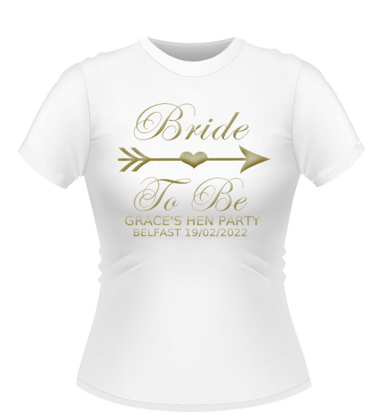 Personalised bride tribe design Bride to be White Hen party tshirt with gold text and graphic