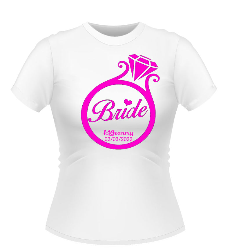 White Personalised Tshirt logo ring design Bride printed centre in Pink finish