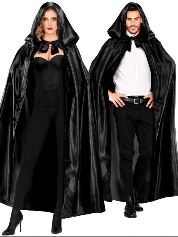 BLACK SATIN HOODED CAPE