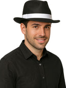 Black gangster hat with white ribbon