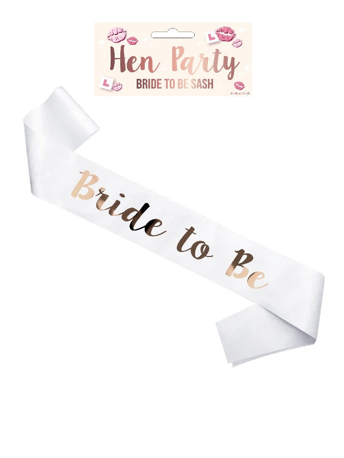 Bride to Be Hen Party Sash (White with Rose Gold Text)