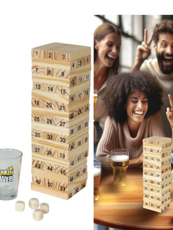 Drinking game wooden blocks and 4 shot glasses