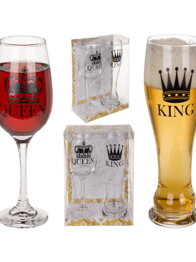 Drinking glass set, King and Queen