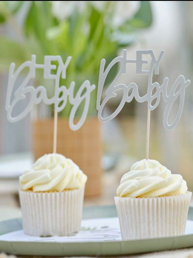 Hey Baby Sage Baby Shower Cupcake Toppers