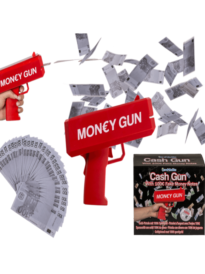 Money pistol with 100 pieces of €100 play money,