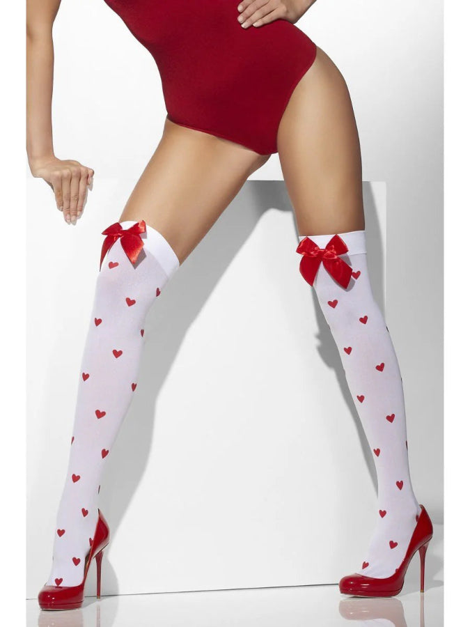 Opaque Hold-Ups, White, with Red Bows and Heart Print