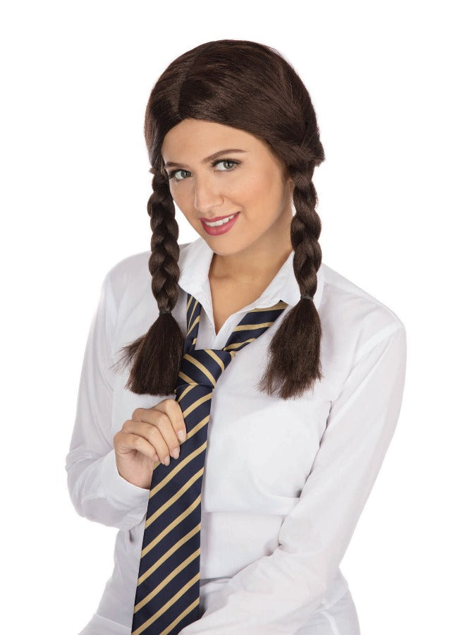 Brown school girl wig with plaits