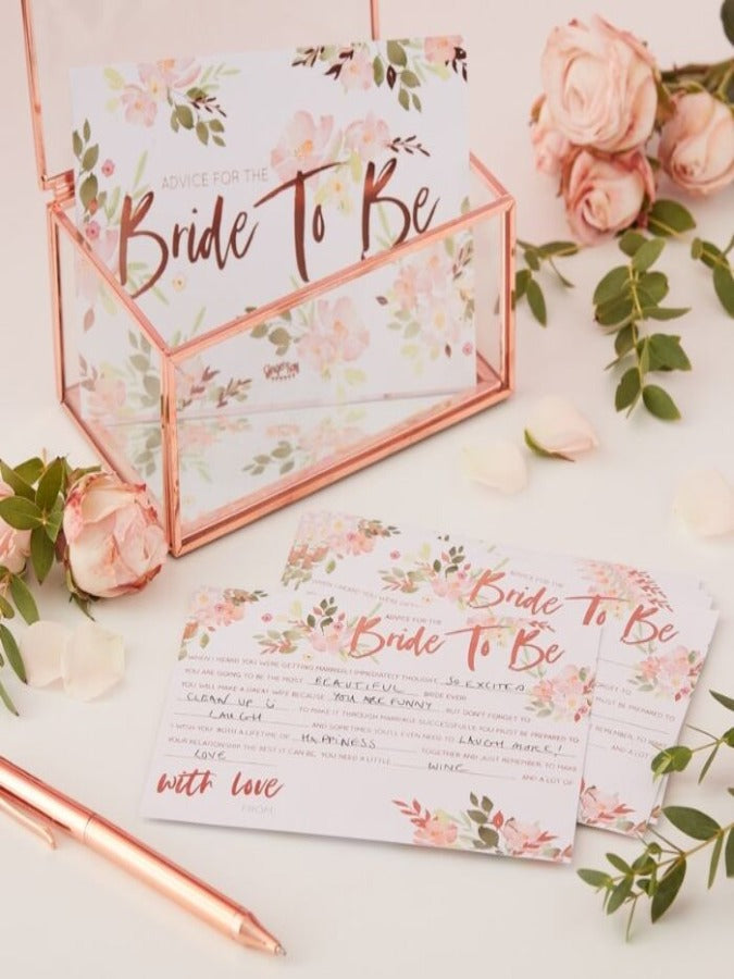 hen party game with floral and rose gold advice for the bride cards.