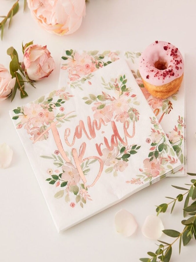 Floral design 16 napkins with rose gold foil Team Bride Text
