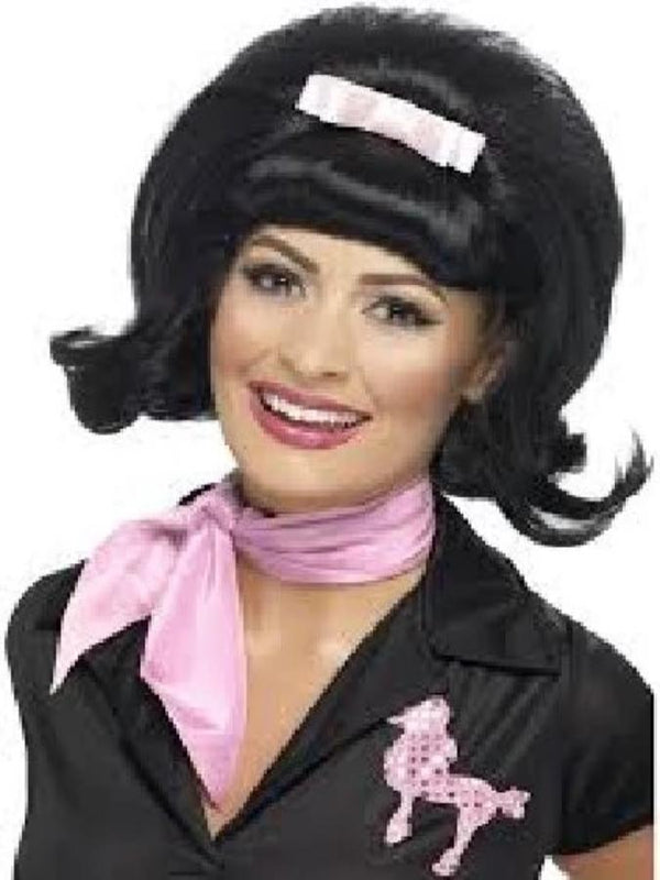 50s Flicked Beehive Bob, Black, with pink ribbon bow