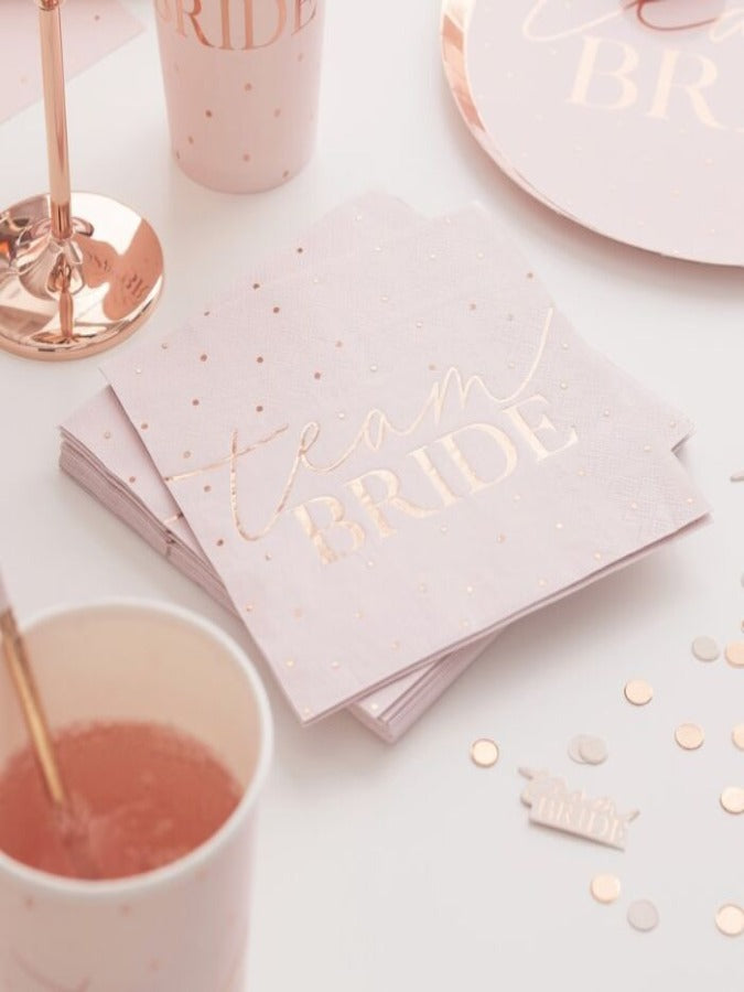 blush pink and rose gold polka dot foiled napkin With Rose gold team Bride logo