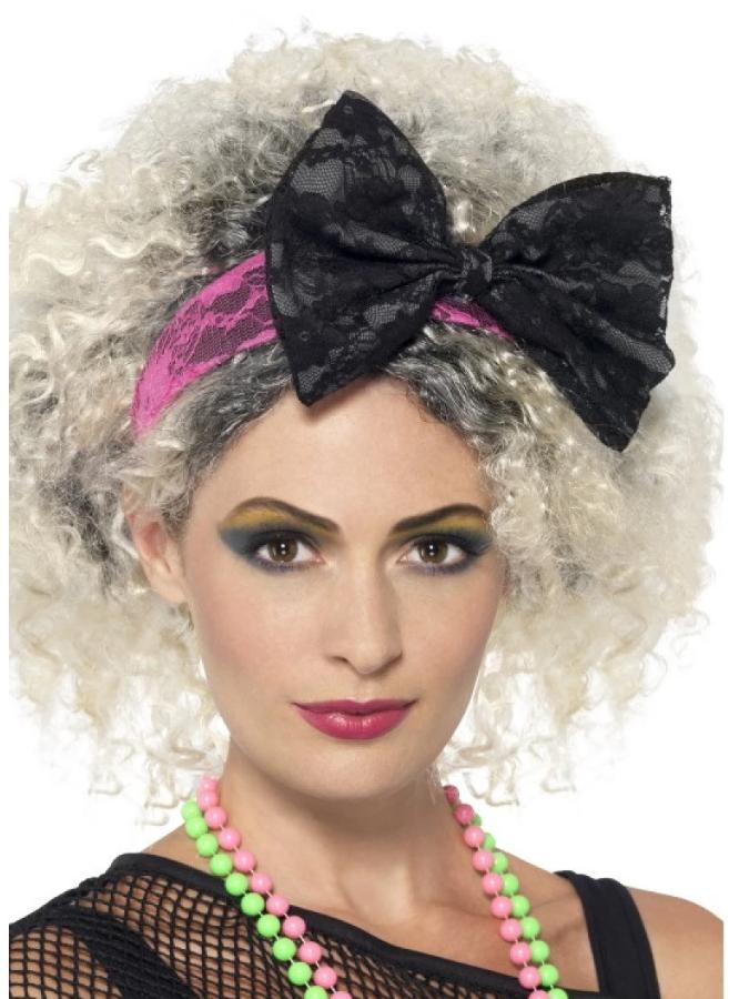 80s Lace Headband, Black &amp; Pink