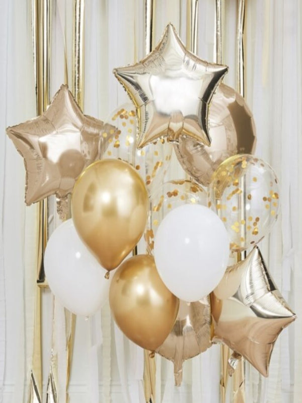Each pack contains a mix of 12 foil latex and gold confetti balloons
