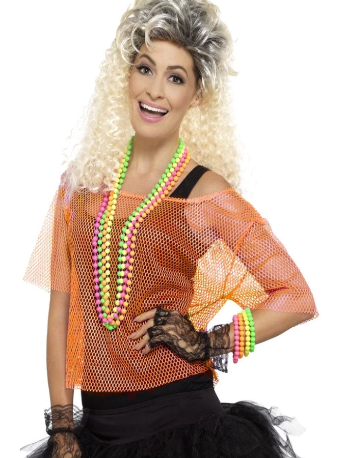 Adult 80s Neon Orange Fishnet Top