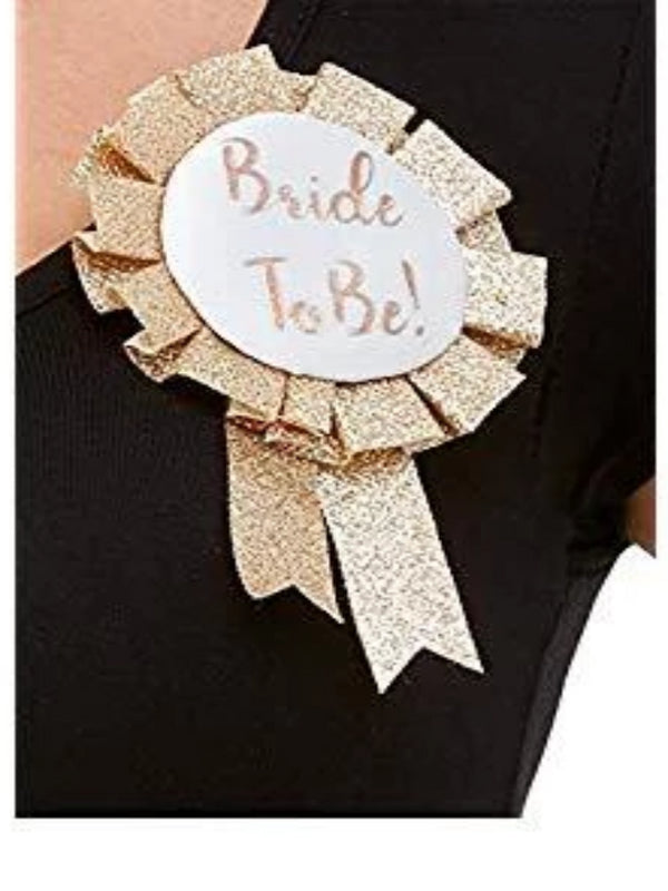 rosette glitter gold outside and white centre with bride to be printed in rose gold