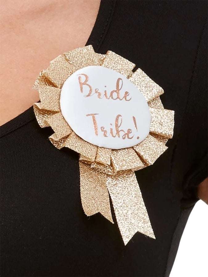 Rose gold glitter rosette with Bride Tribe logo 