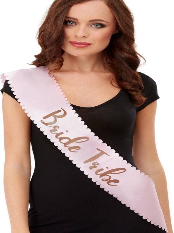 Pink sash and Rose Gold Bride Tribe text with Scalloped Edge