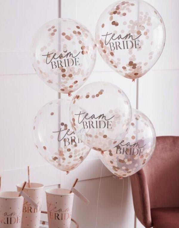 5 Transparent Balloons with blush pink and rose gold Confetti inside and Team Bride Text