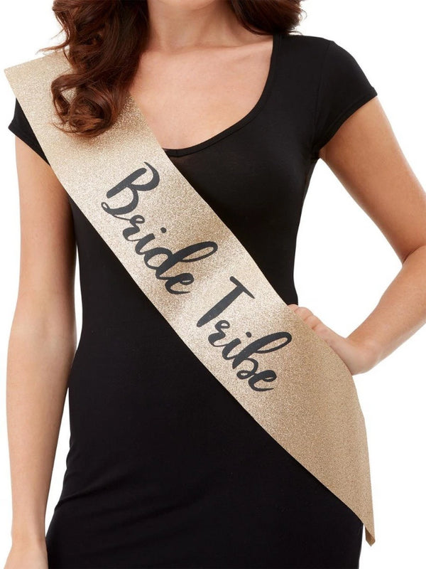 Glitter gold sash with  black Bride Tribe  text