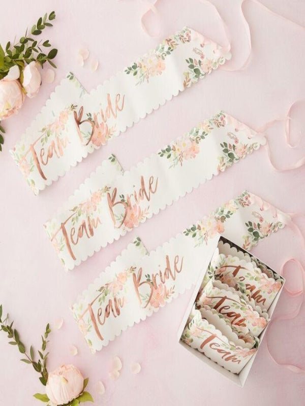 Hen party sashes. Floral design with Team Bride rose gold Hen Party text 6 Pack