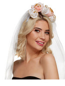Headband with white & Pink Flowers Glitter Gold Edging and the veil is attached.