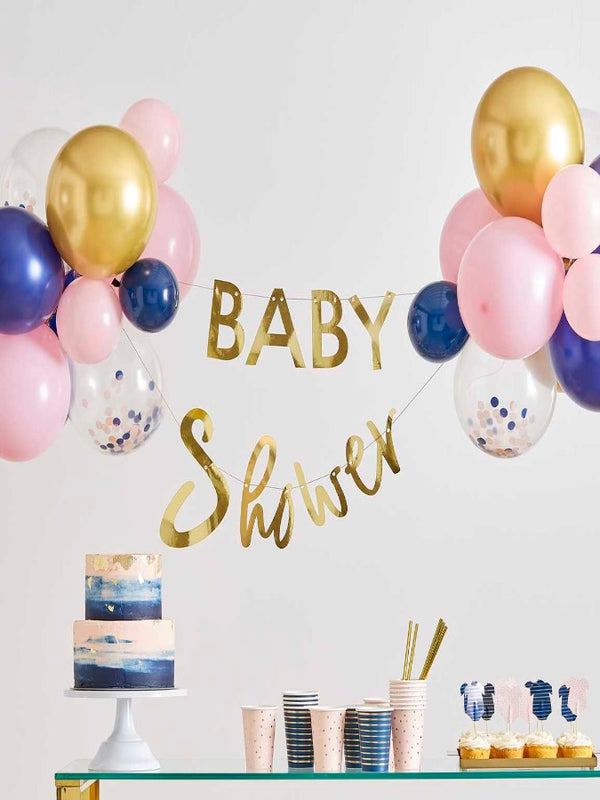 Gold Baby Shower Banner and Balloon Decoration