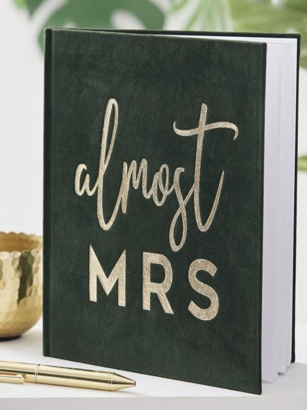 Green Velvet Hen Party Book with gold Almost Mrs text 