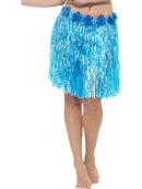 Hawaiian Hula Skirt with Flowers, Neon Blue,