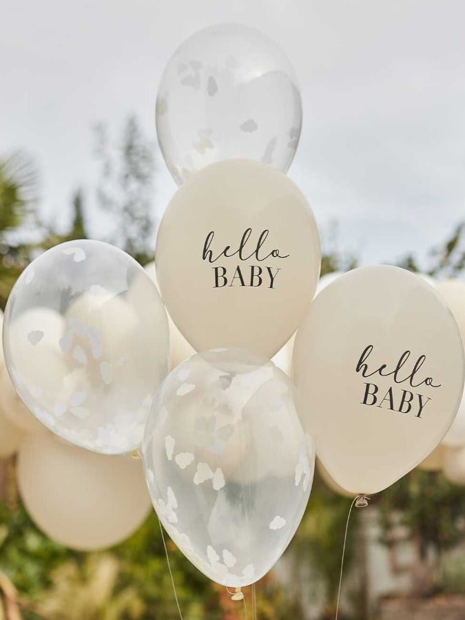 Hello Baby Taupe and Cloud Confetti Baby Shower Balloons