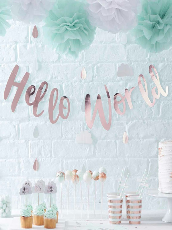 Hello World Rose Gold Baby Shower Bunting