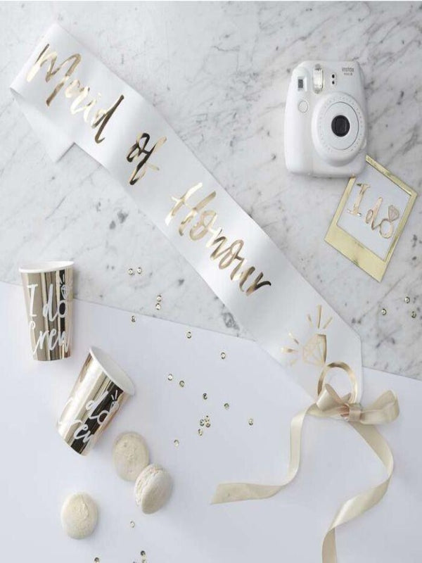 white sash with Maid Of Honour gold foiled printed text  