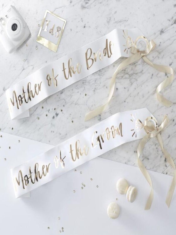 pack of two white sashes with Mother of the Bride and Mother of the groom  gold foiled printed text  