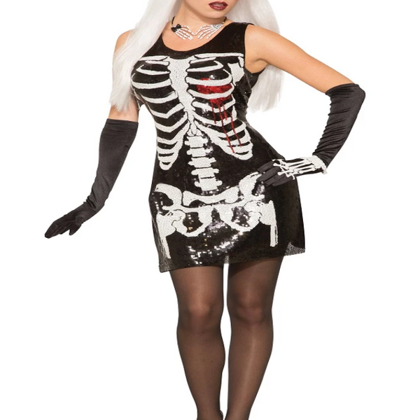 skeleton sequin dress Queen Of Sparkles Black Neon Skeleton Halloween Midi Dress XS