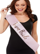 pink sash with scalloped edge and Team Bride Gold text