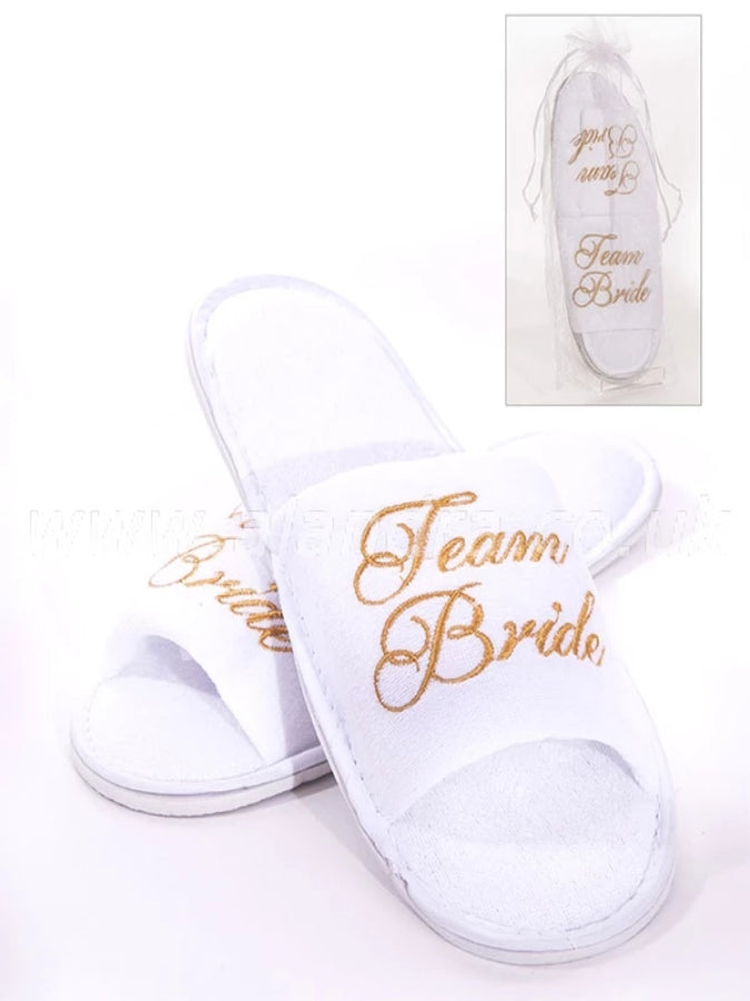 White spa slippers with Team Bride gold stitched print 