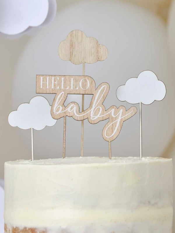 Wooden Hello Baby and Clouds Baby Shower Cake Topper