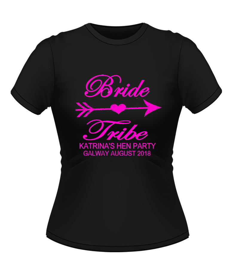 Personalised bride tribe design Black hen party tshirt with pink graphic and text